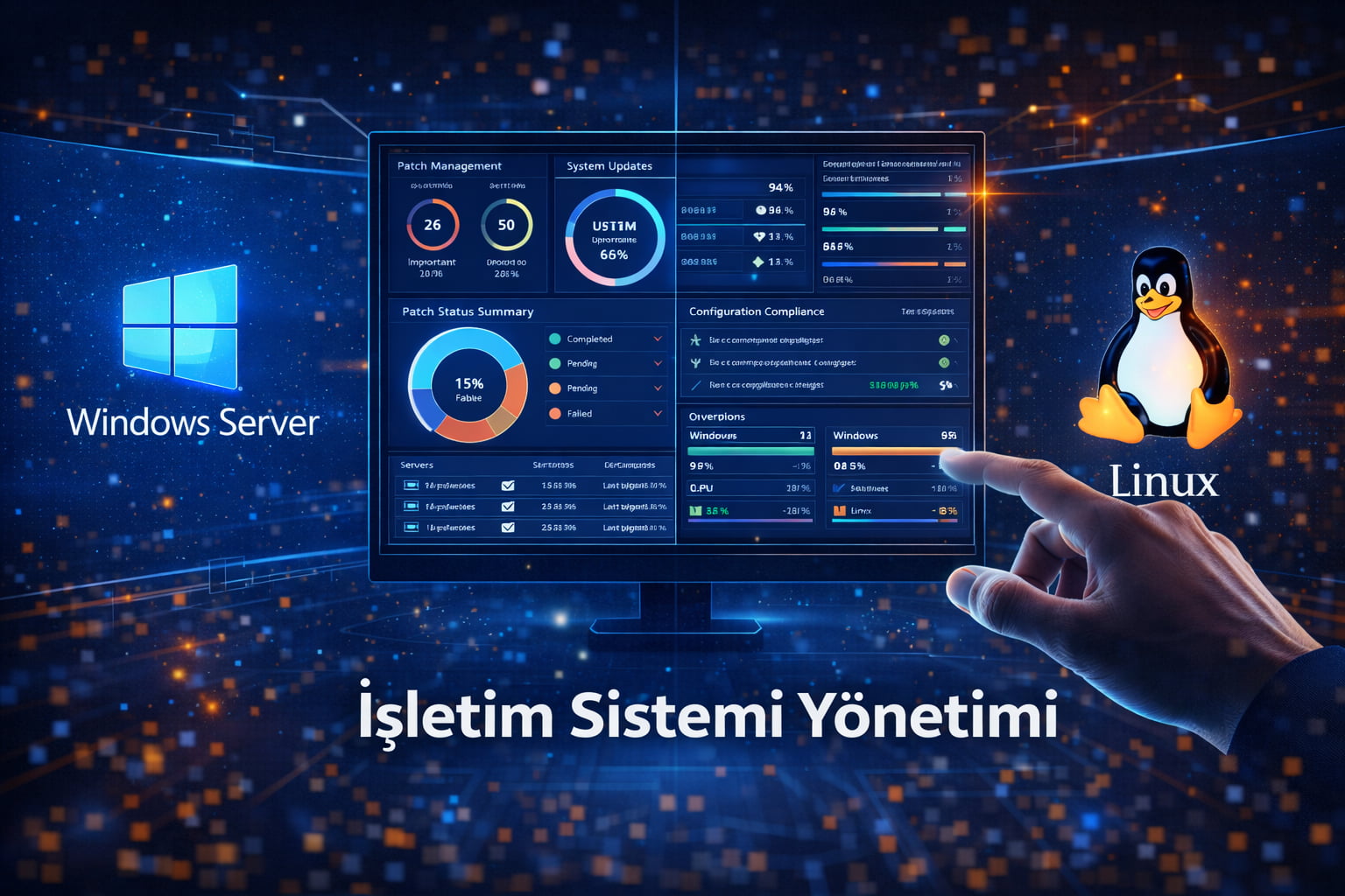 İşletim sistemi Windows Linux sunucu yönetimi görseli